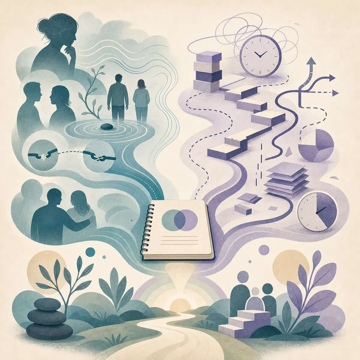 Editorial illustration showing overlapping BPD and ADHD patterns leading toward professional assessment