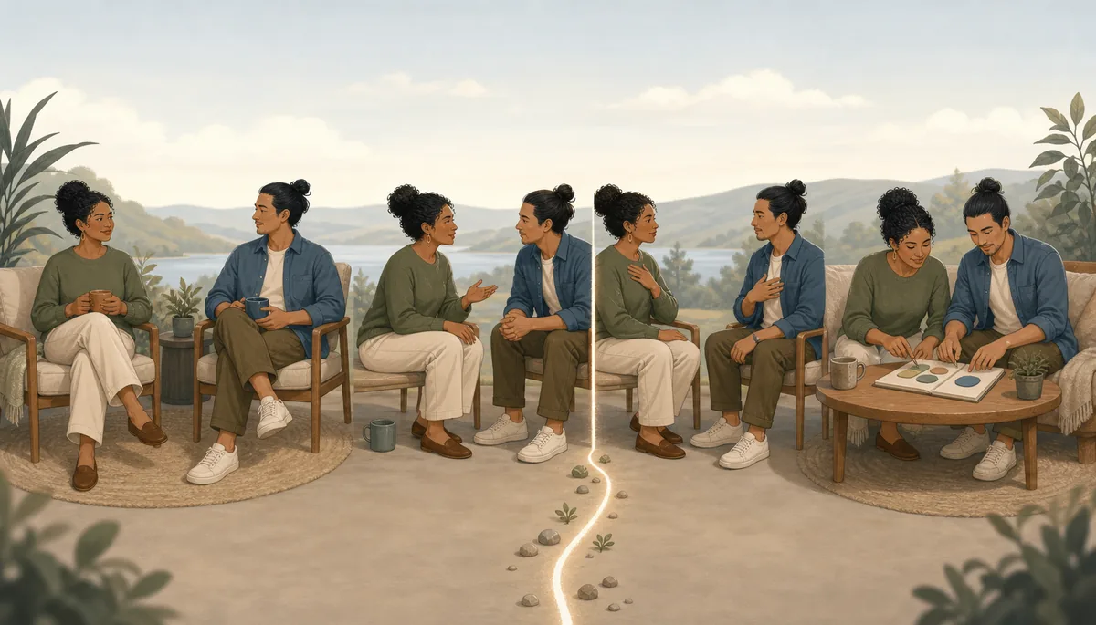 Editorial sequence showing a couple pausing, listening, setting a boundary, and making a shared plan