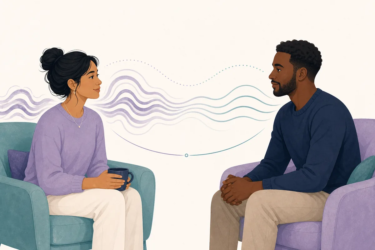 Editorial illustration of two adults discussing an emotionally intense relationship