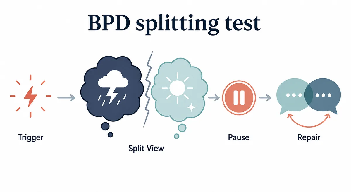 BPD splitting test reflection map showing trigger split view pause and repair steps