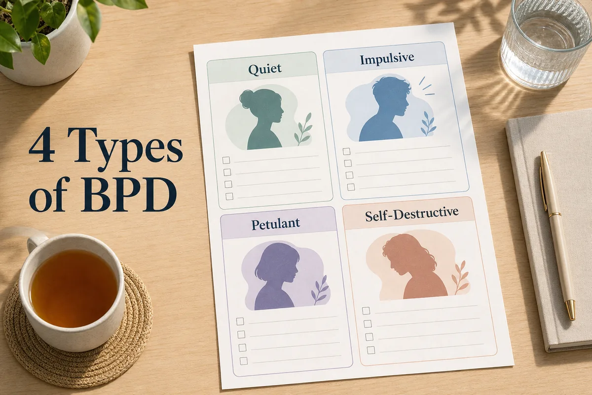 4 types of BPD test worksheet comparing quiet impulsive petulant and self-destructive patterns