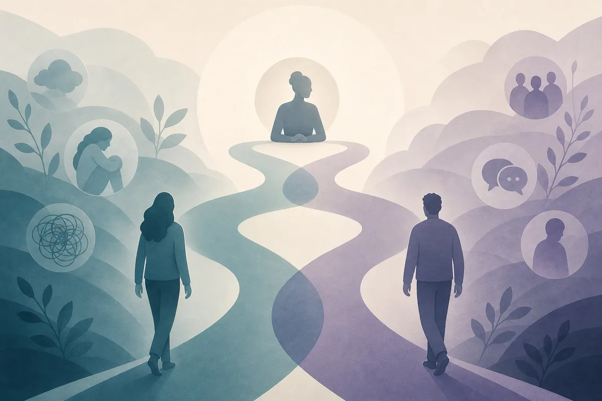 Editorial illustration of overlapping BPD and autism-related patterns leading toward professional evaluation