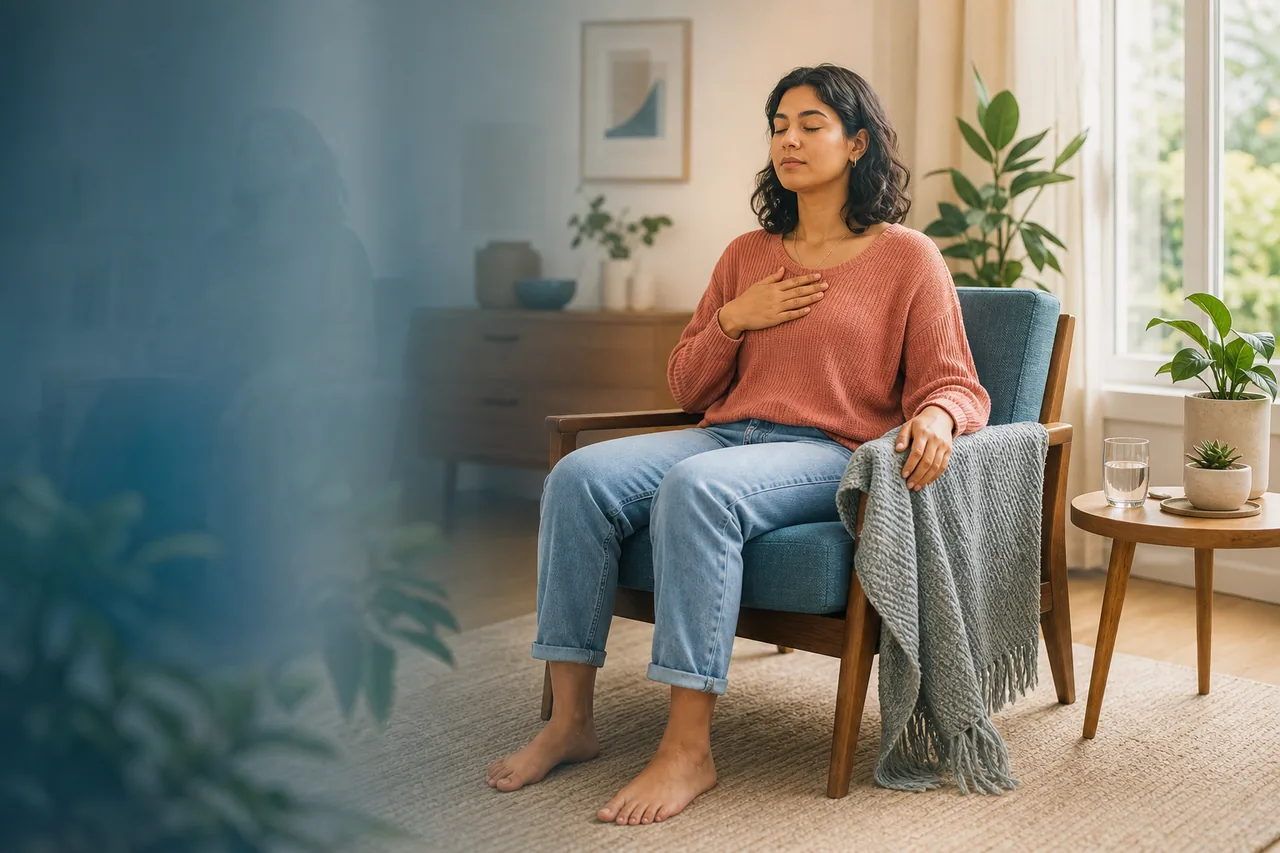 Person using breathing and sensory grounding during dissociation in BPD