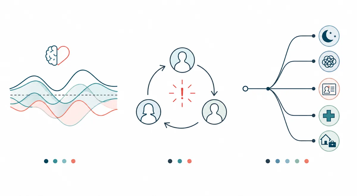Editorial pattern map showing emotional waves relationship triggers and possible context factors