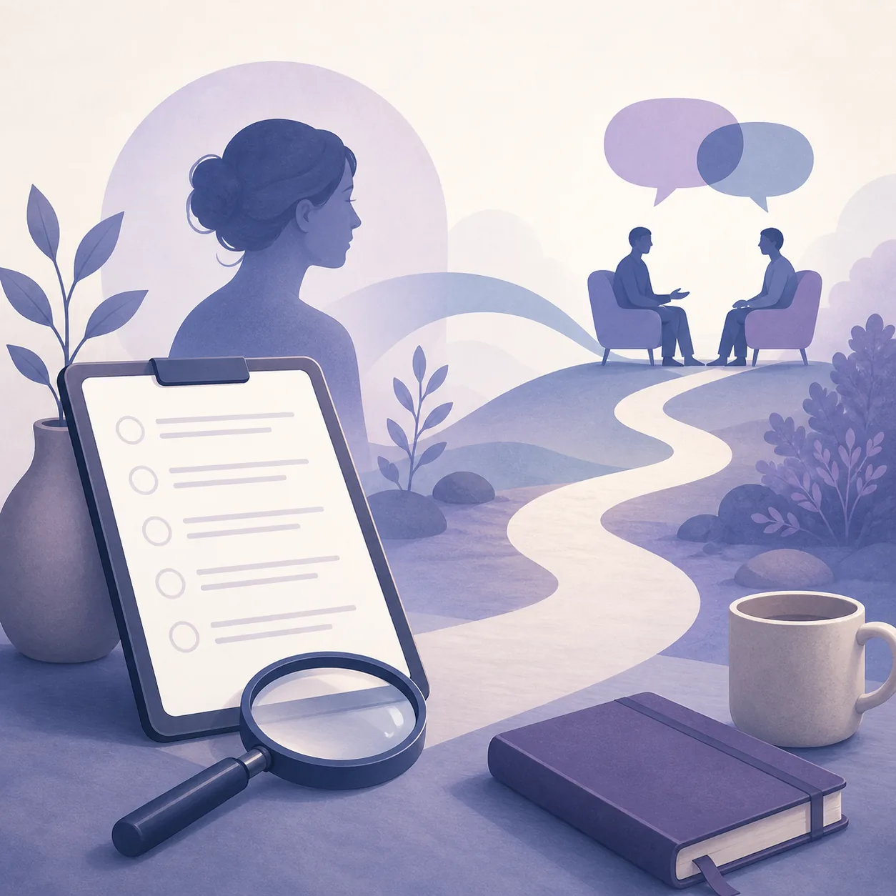 Editorial illustration of an online BPD test review leading toward a professional conversation