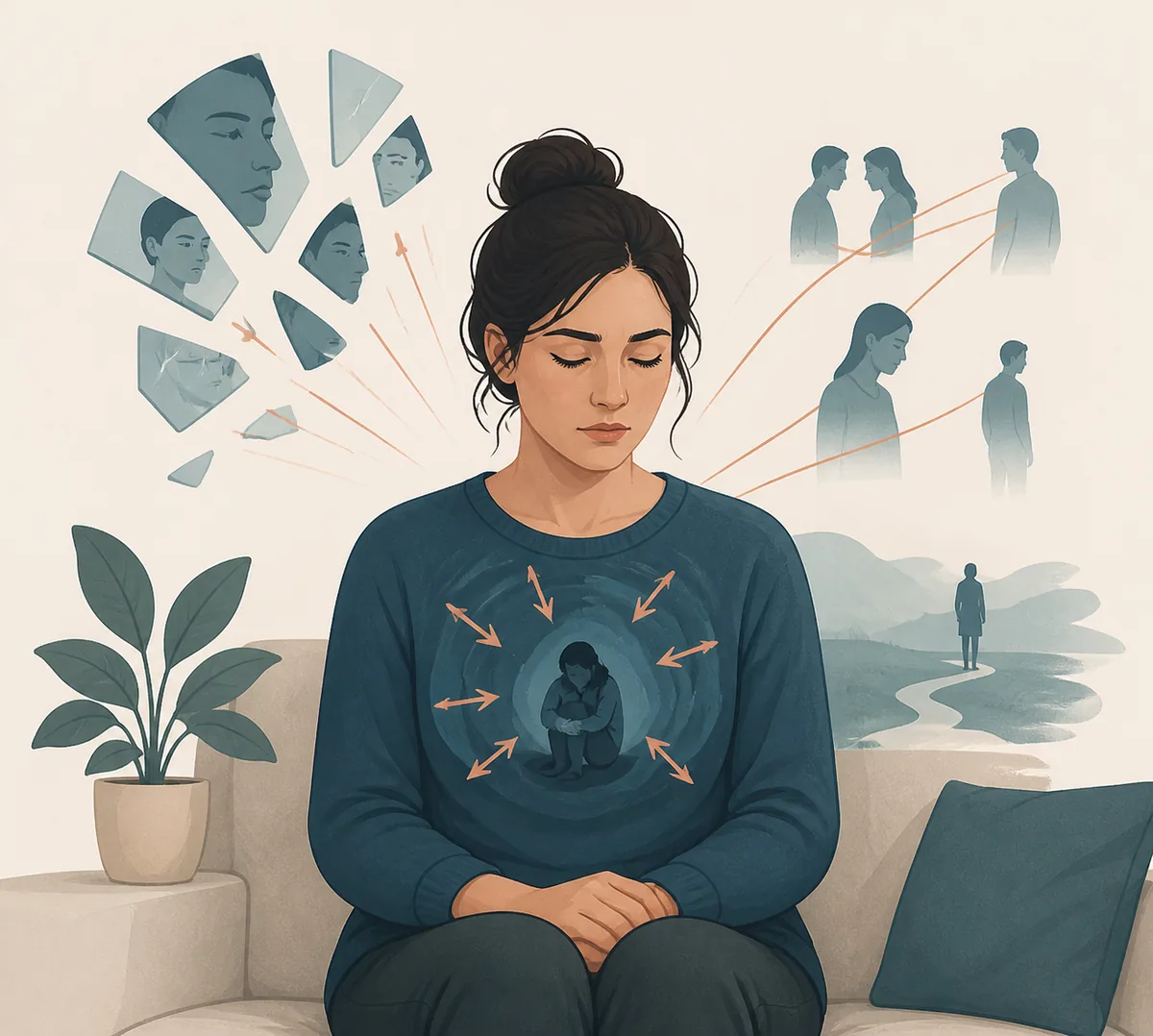 Editorial illustration of quiet BPD symptoms appearing as internal emotional strain beneath an outwardly composed posture