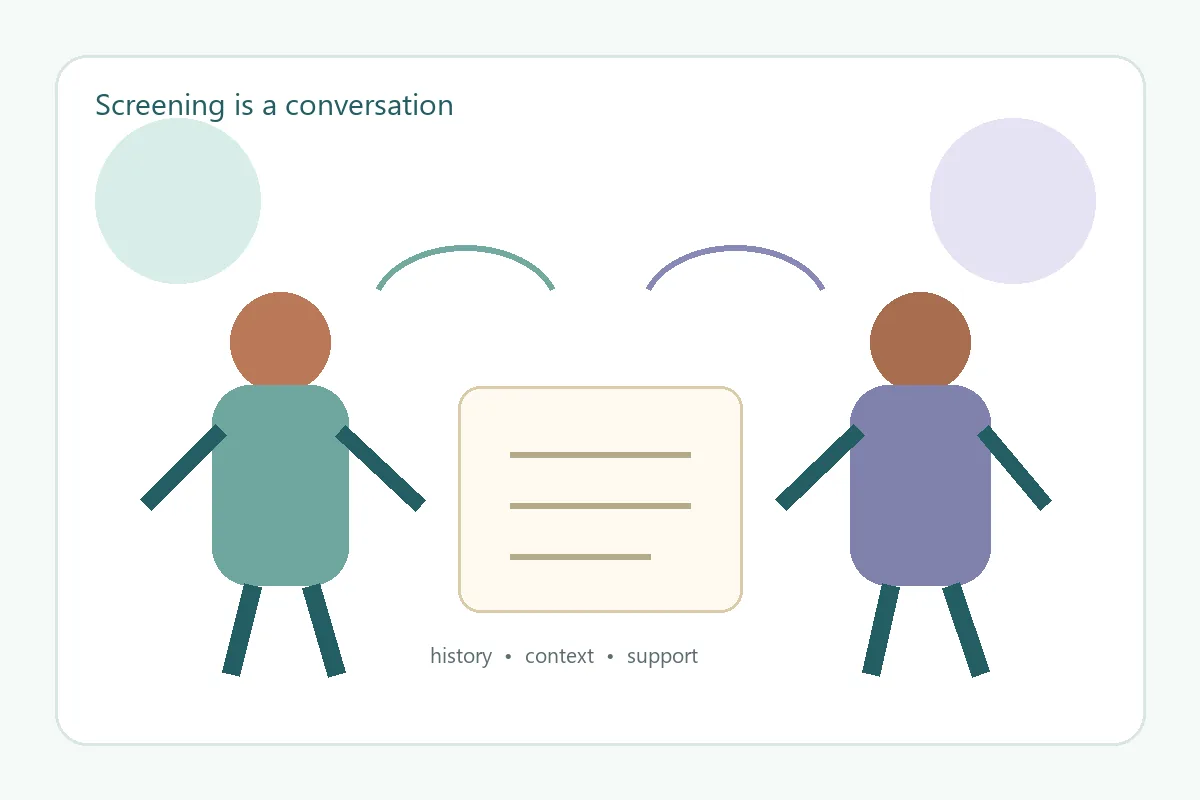 Editorial illustration of a teenager, caregiver, and clinician sharing observations during a mental-health screening conversation